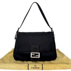 Authentic FENDI Mamma Zucca Bucket Baguette Shoulder Flap Bag Black Purse Tote